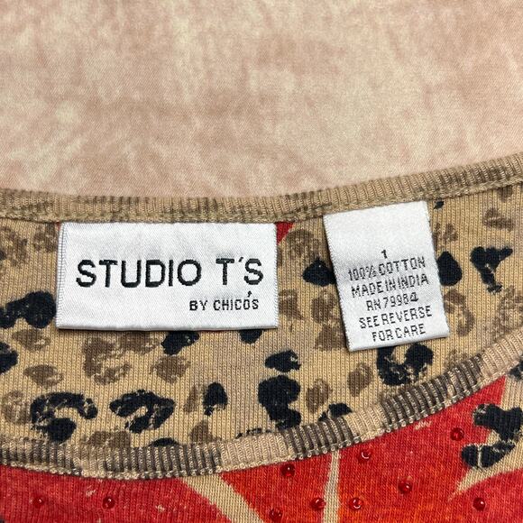 Vintage 90s Studio T's Chicos Animal Print Floral Beaded 3/4 Sleeve Boho Euro - Picture 3 of 7